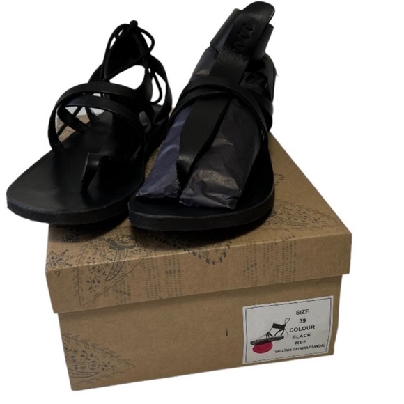 Free People Vacation Day Wrap Black Leather Sandals Size 8.5 - Picture 2 of 3